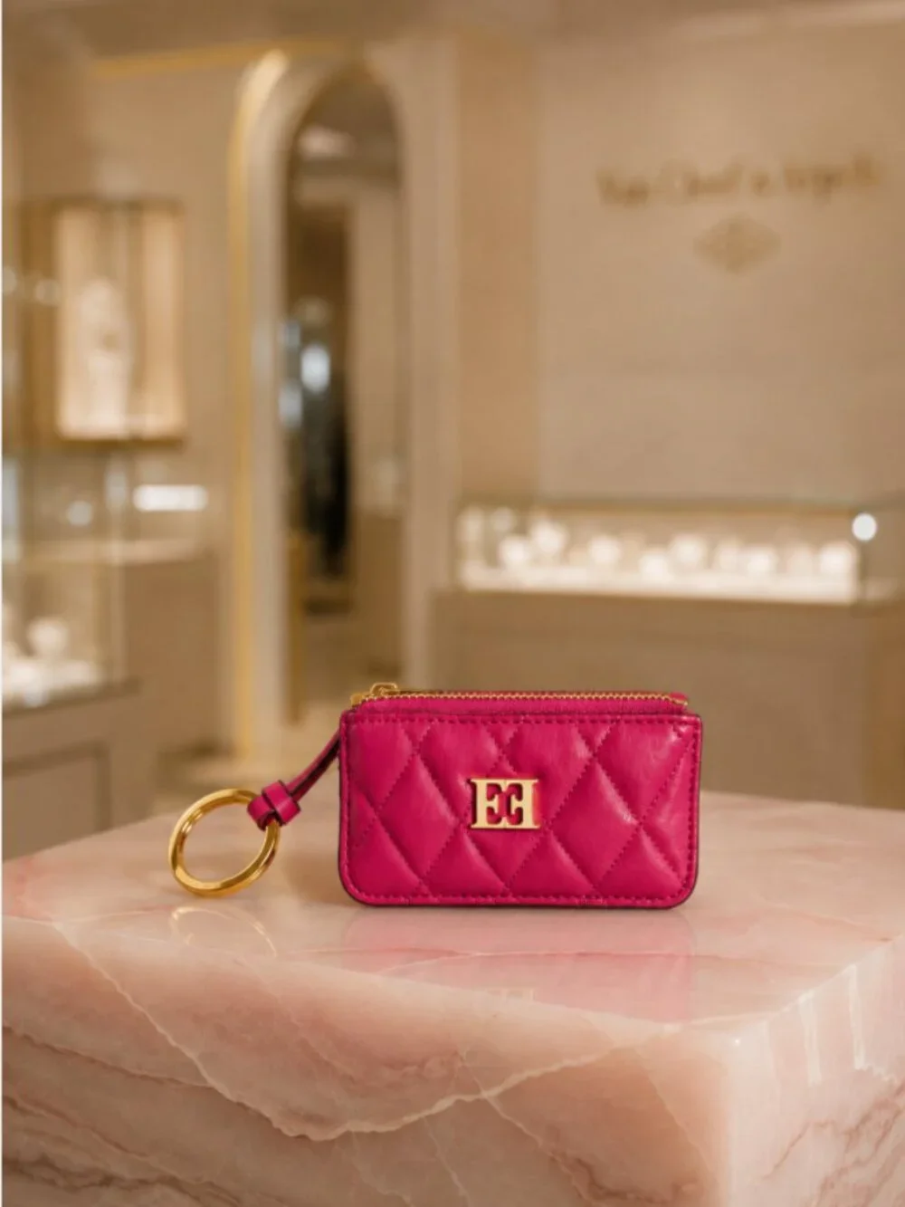 Escada Pink Quilted Leather Key Holder Coin Purse Card Case w/ Dust Bag Rare
